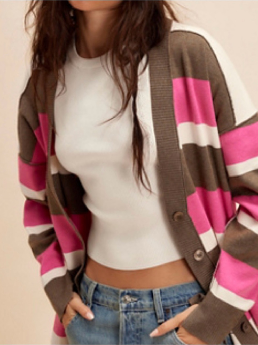 Free People League of Her Own Stripped Cardigan in Pink, Brown & White